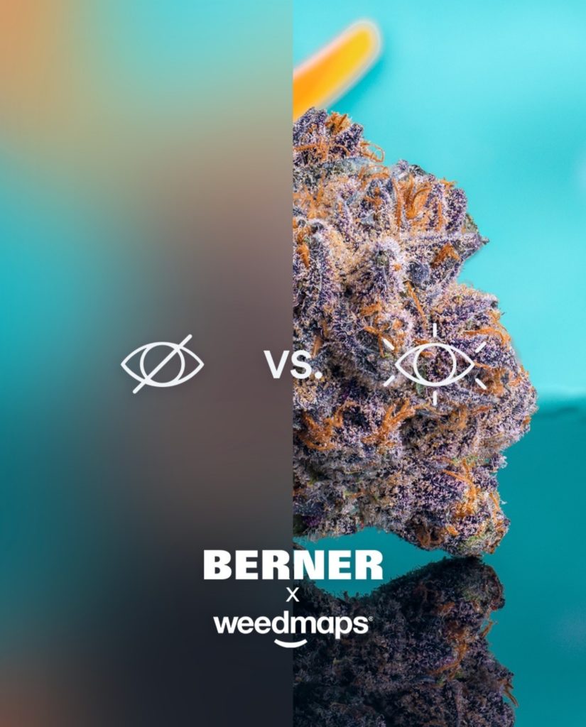 Half blurred nug of weed Berner and Weedmaps social media